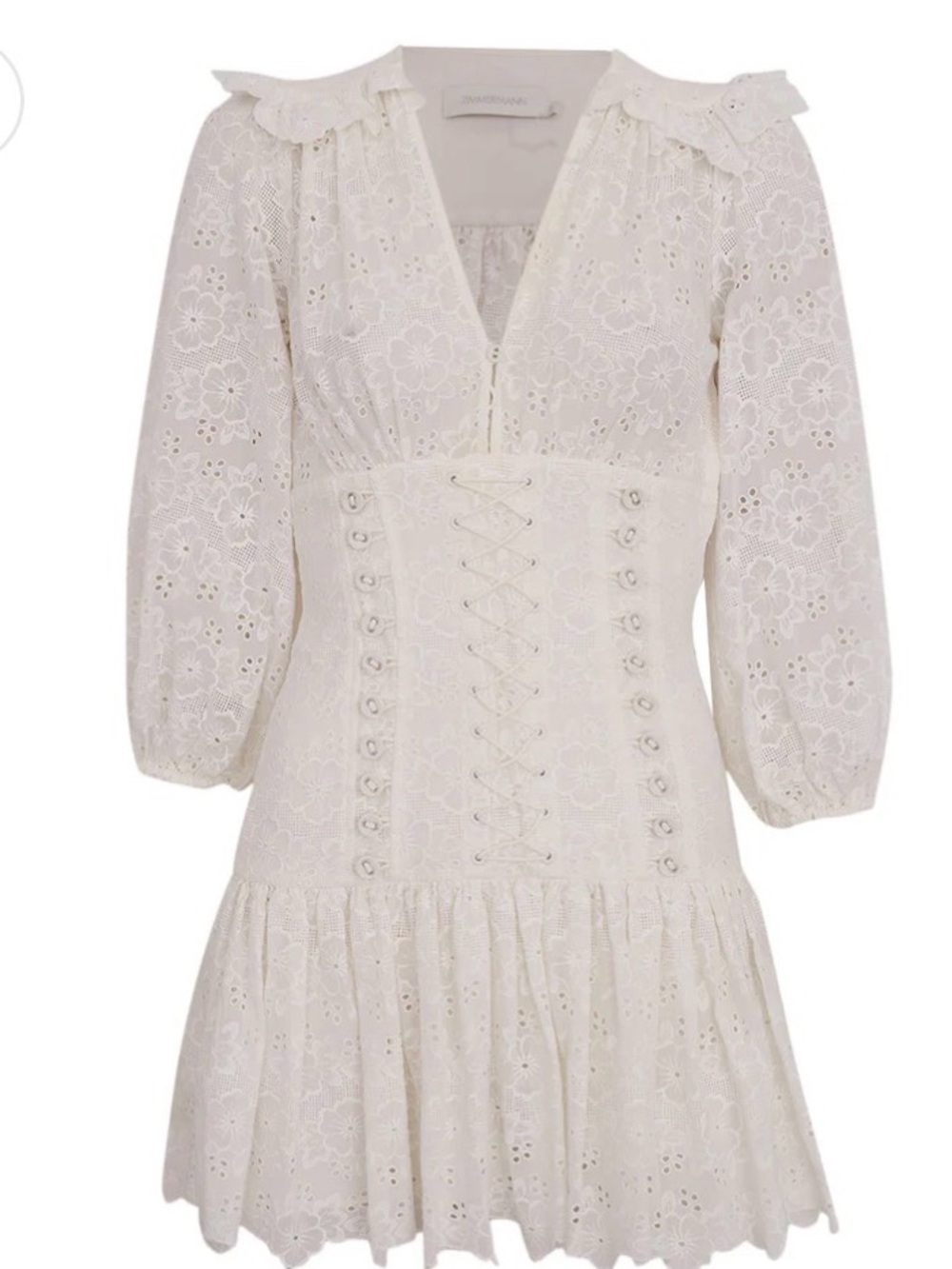 Zimmermann Ivory Eyelet Lace Mini Dress with Corset Lacing